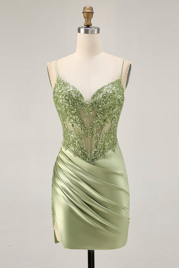 Vert sauge appliqué Corset serré froncé Homecoming Dress